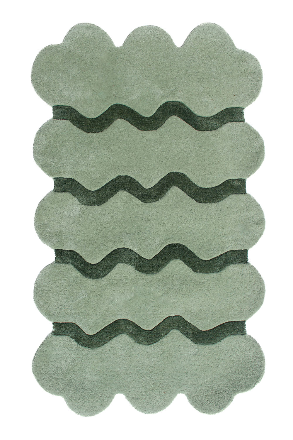 Organic sculptural wool rug with sage green and olive tones, shown in 6x9 size with carved wavy pattern