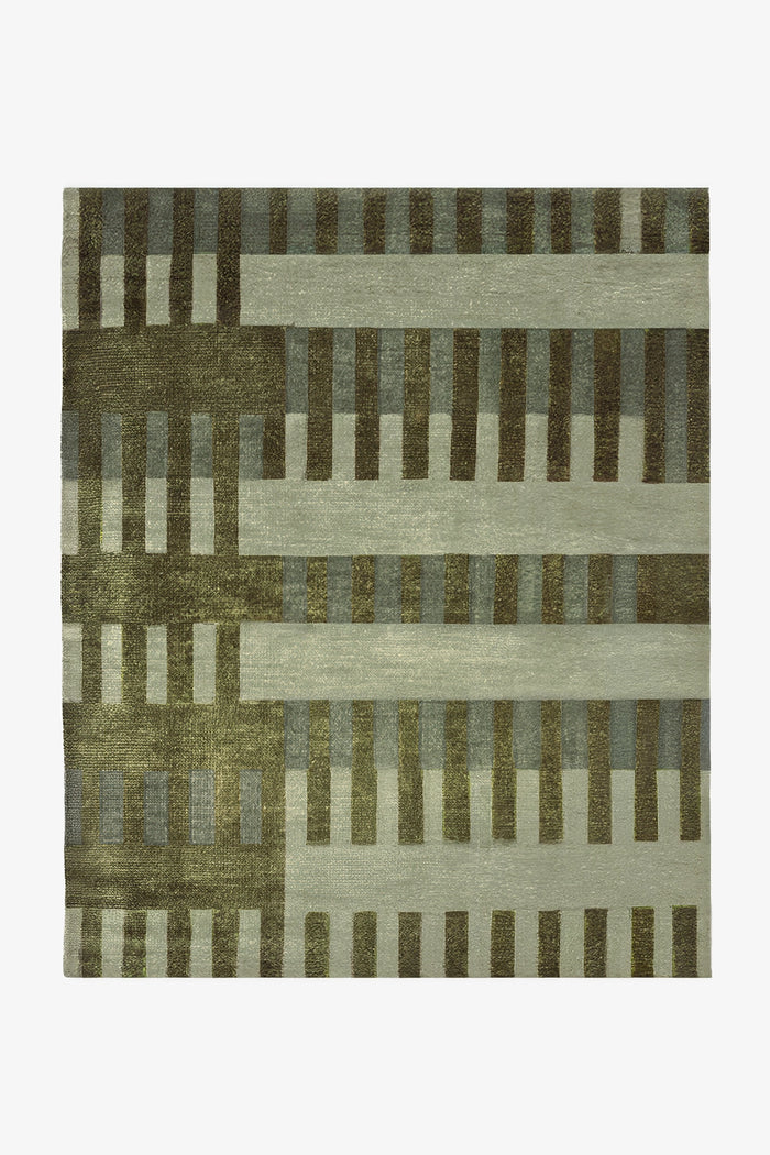 large 9x12 green geometric striped rug in mid century modern design