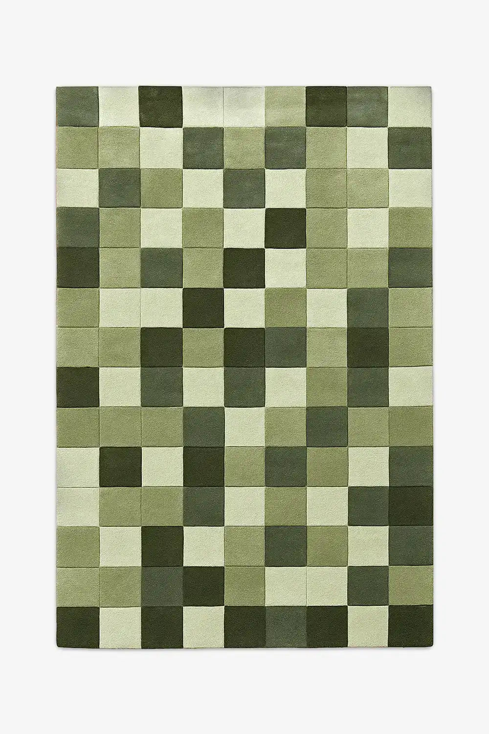 Modern green checkered wool rug in oversized 12x15 size featuring tonal squares in sage and olive