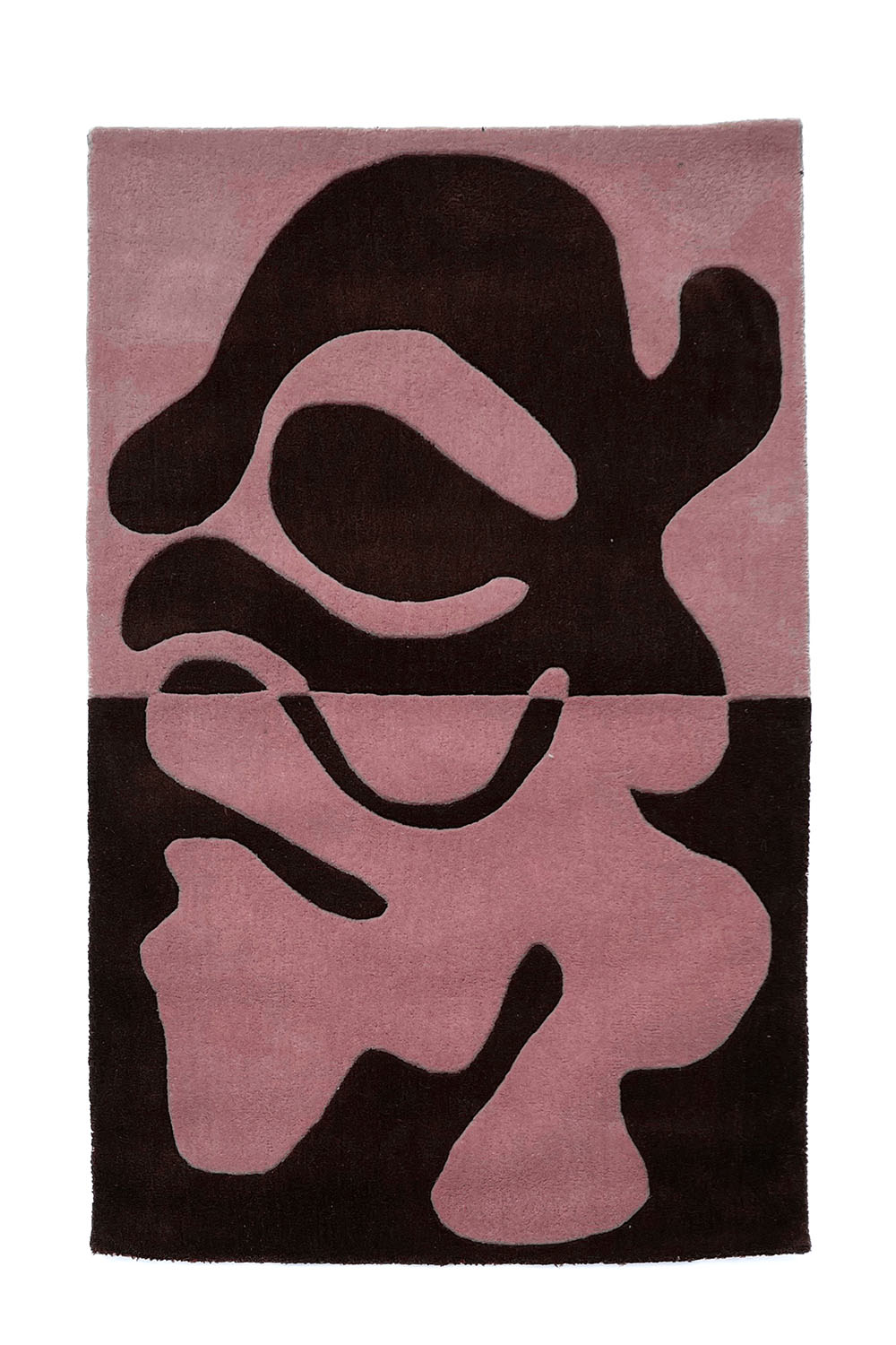 Deep burgundy and mauve abstract wool rug with curved organic forms