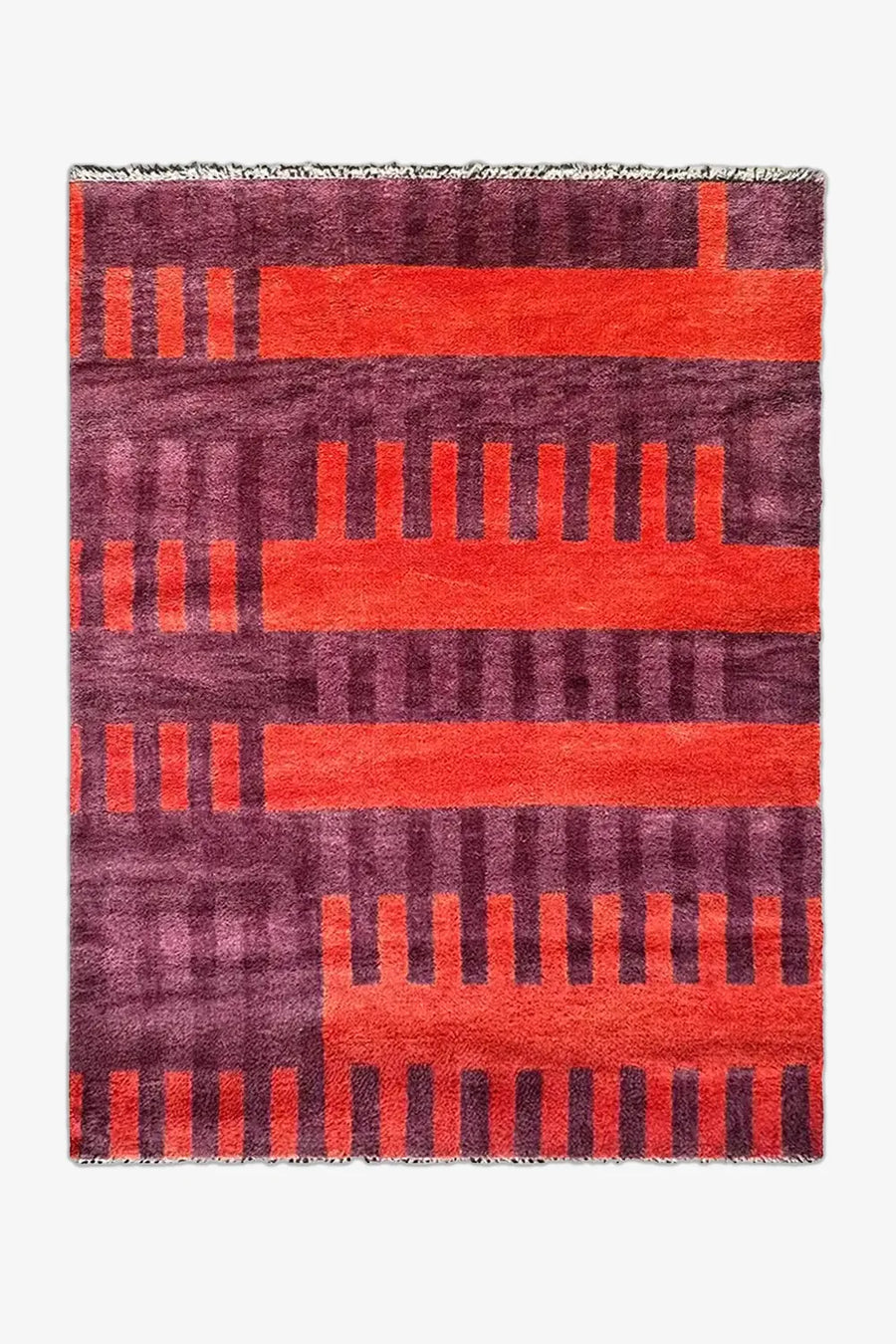 Hand-knotted Oushak rug with geometric stripes in purple and burnt orange