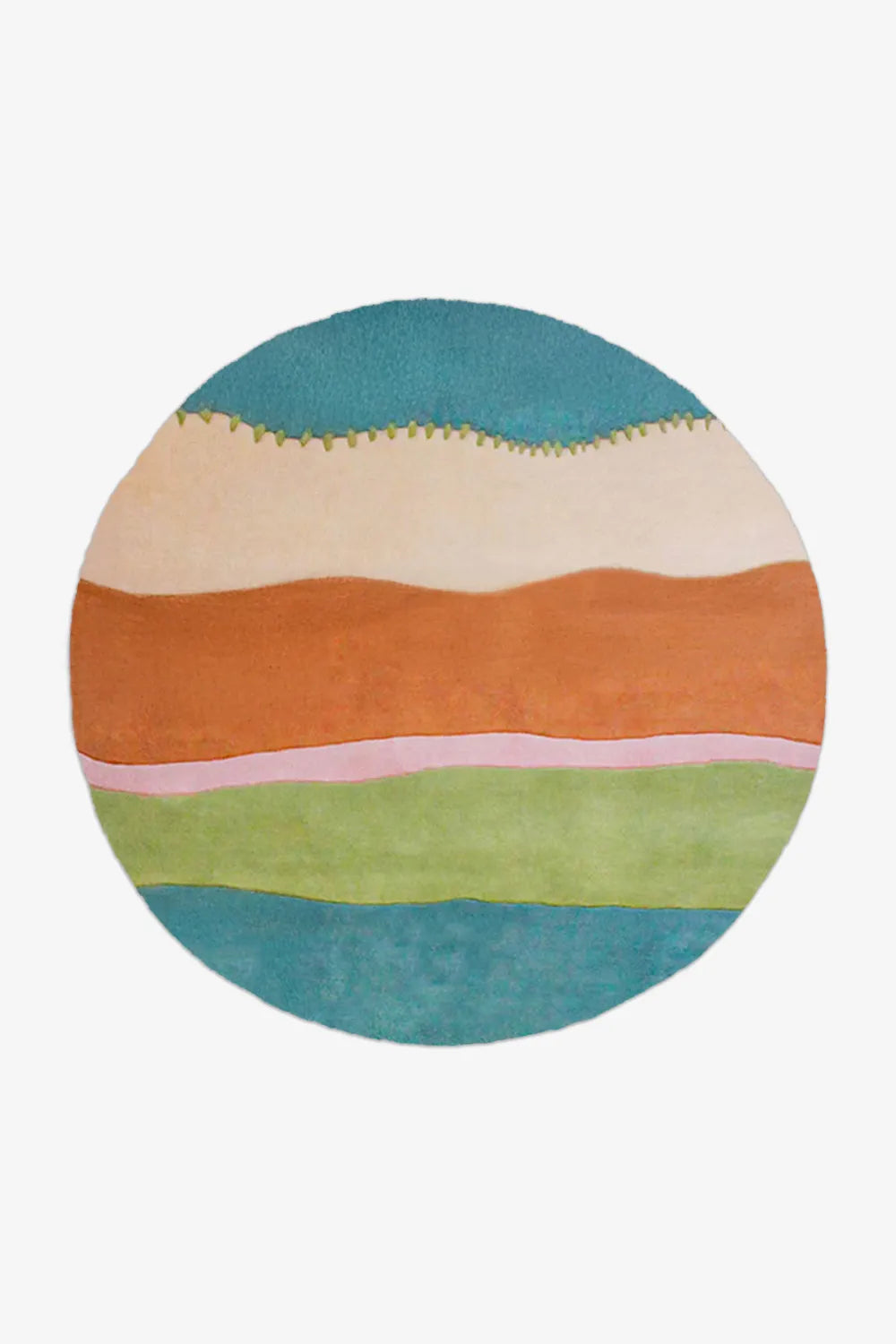 Round wool area rug in 6ft size with colorful wavy stripes in teal, terracotta, pink, and green