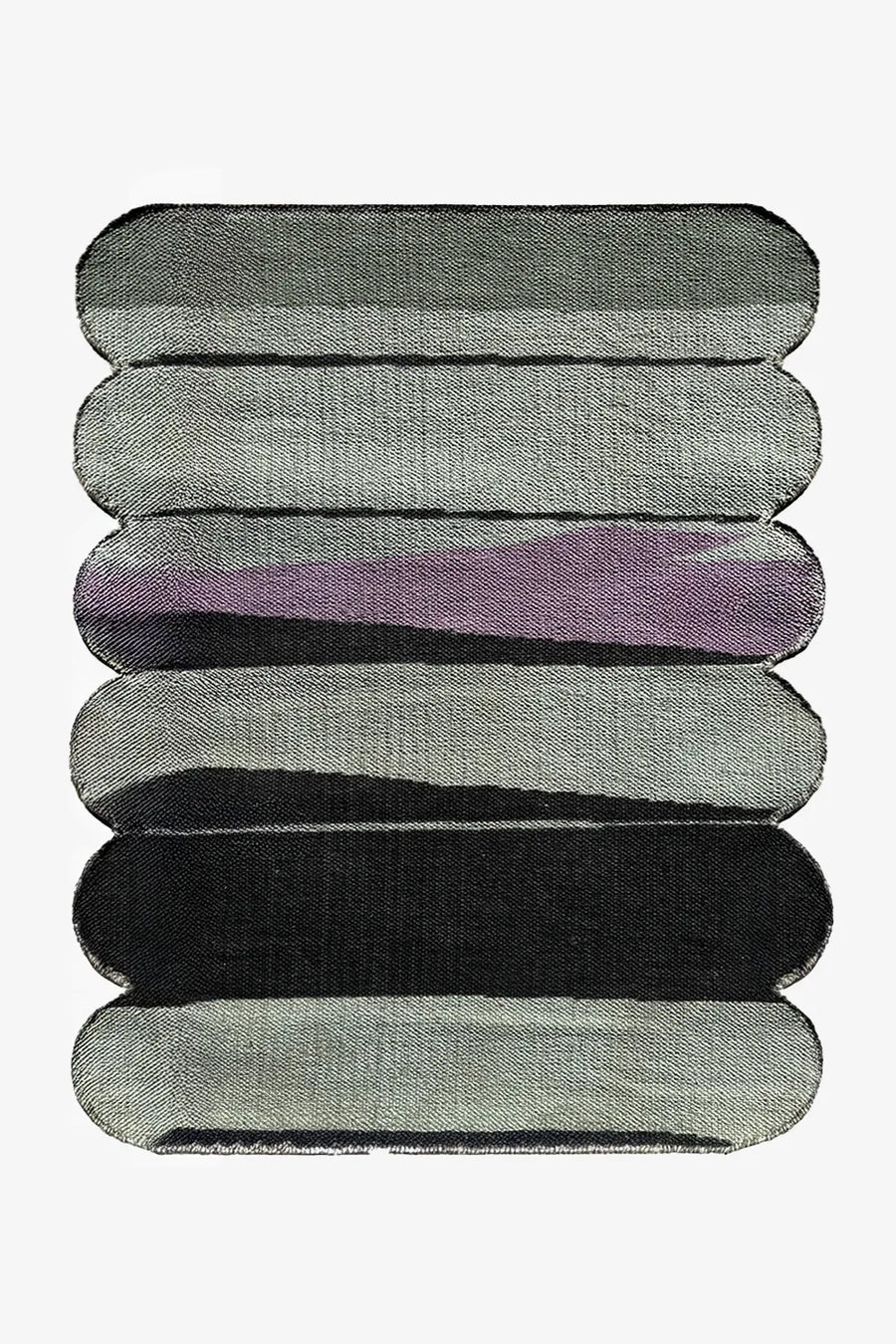 5x8 green and purple flatwoven rug with sculpted rounded edges and abstract curved stripe pattern