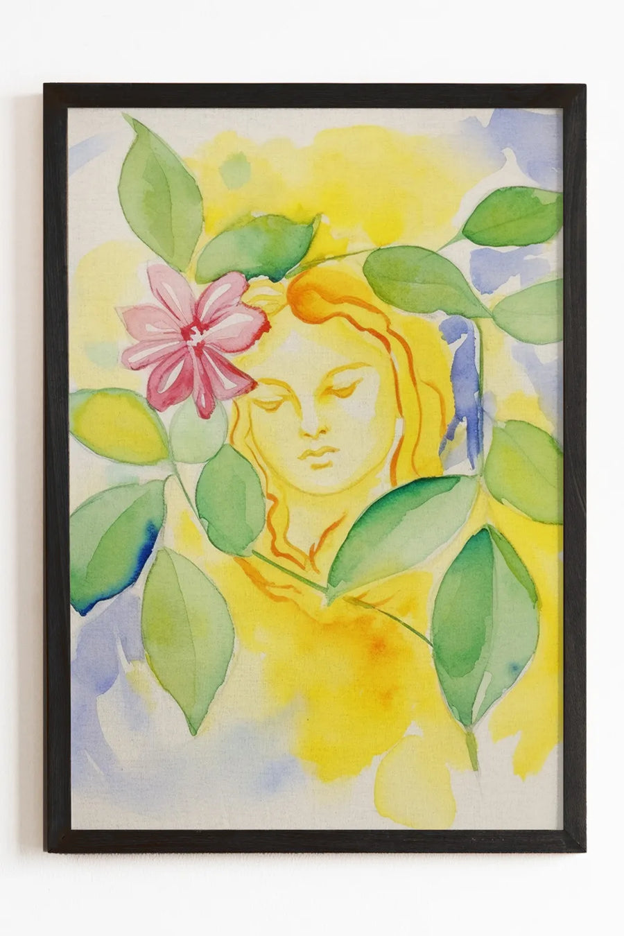 Lemon Veil watercolor art print featuring an ethereal woman with golden hues and flowing leaves.