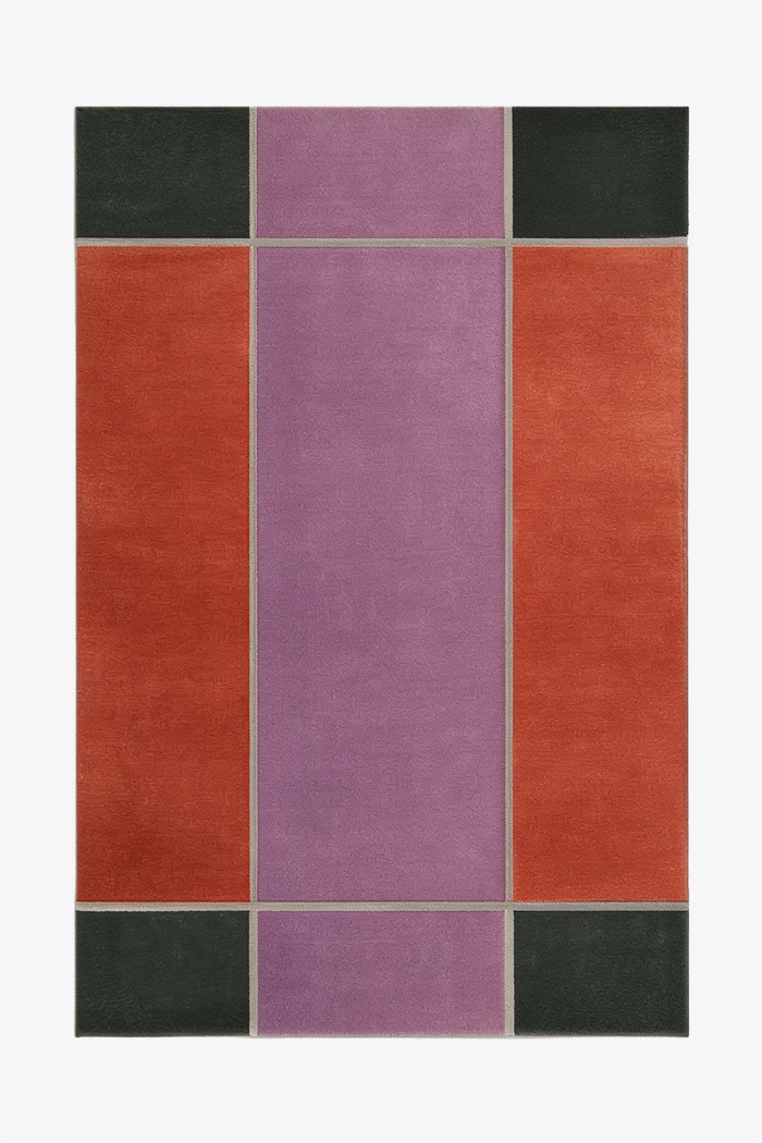 Modern geometric 8x10 area rug with lavender, rust, and forest green color blocks for mid century inspired interiors
