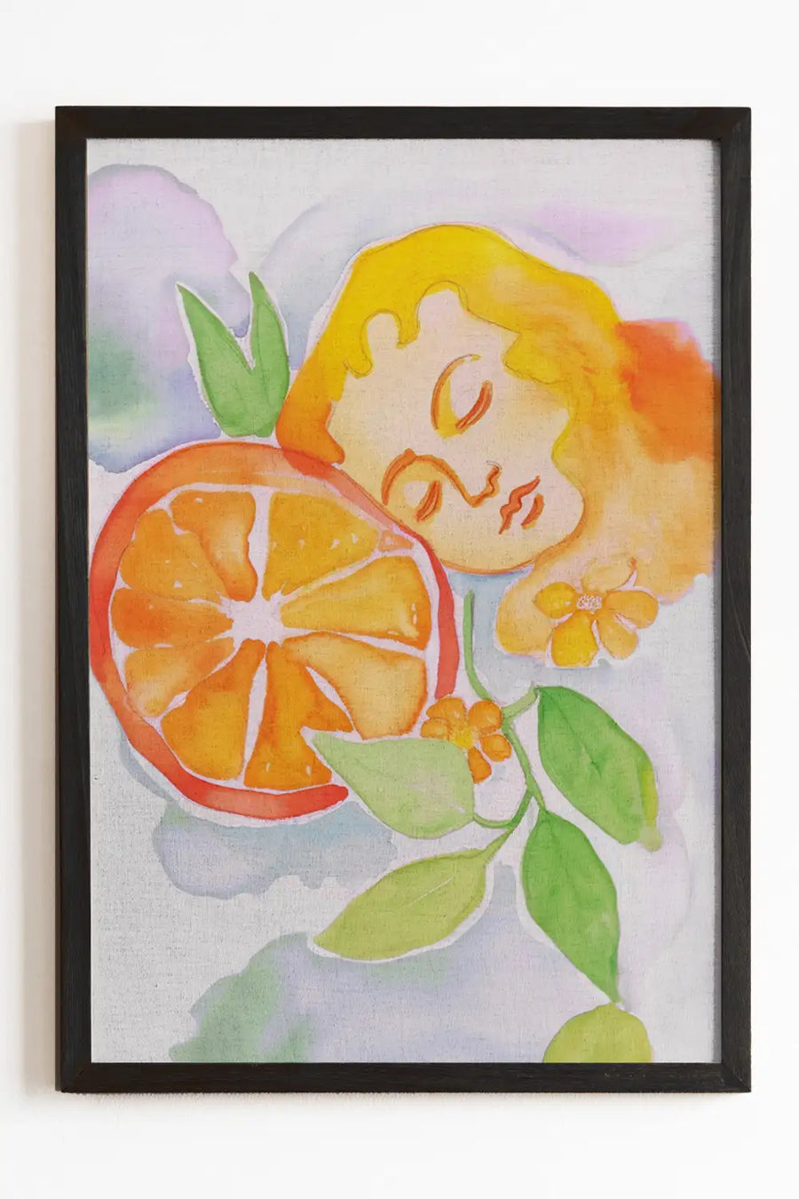 Orange Aura Watercolor Art Print with a serene face and citrus elements