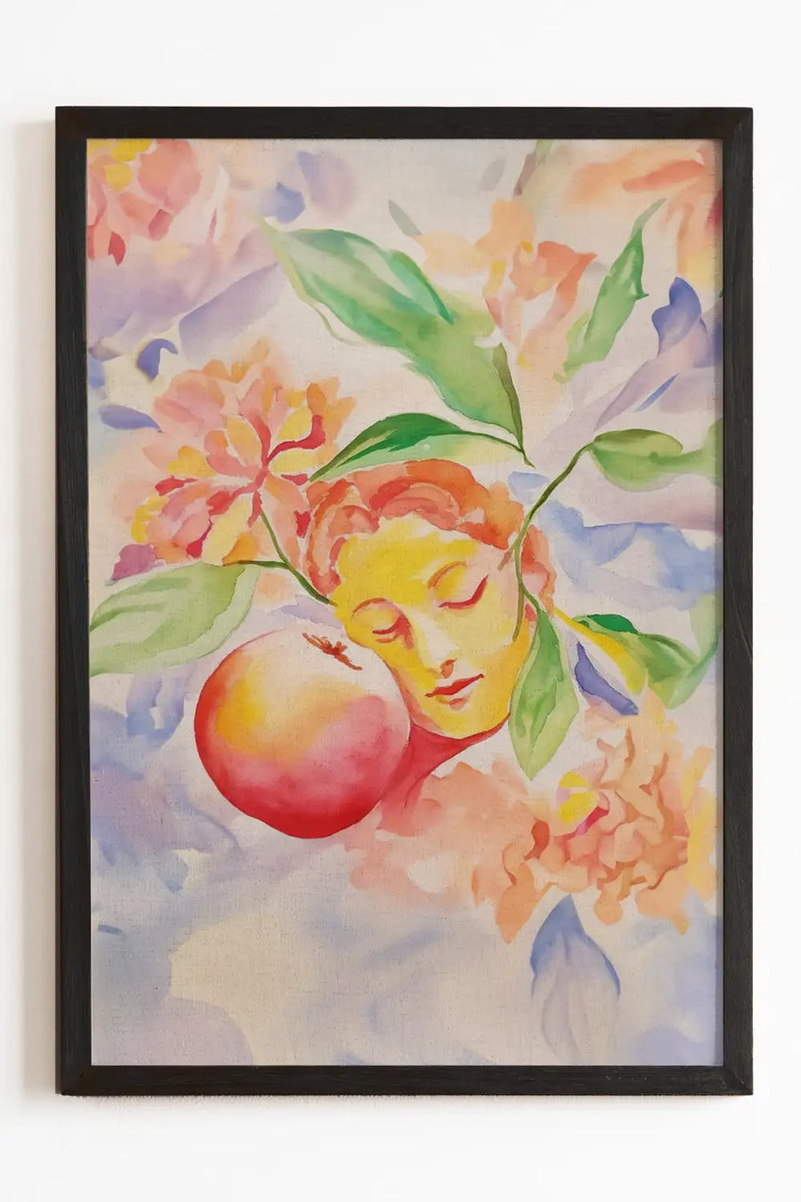 Peach Petals watercolor art print featuring soft florals and a dreamy face.