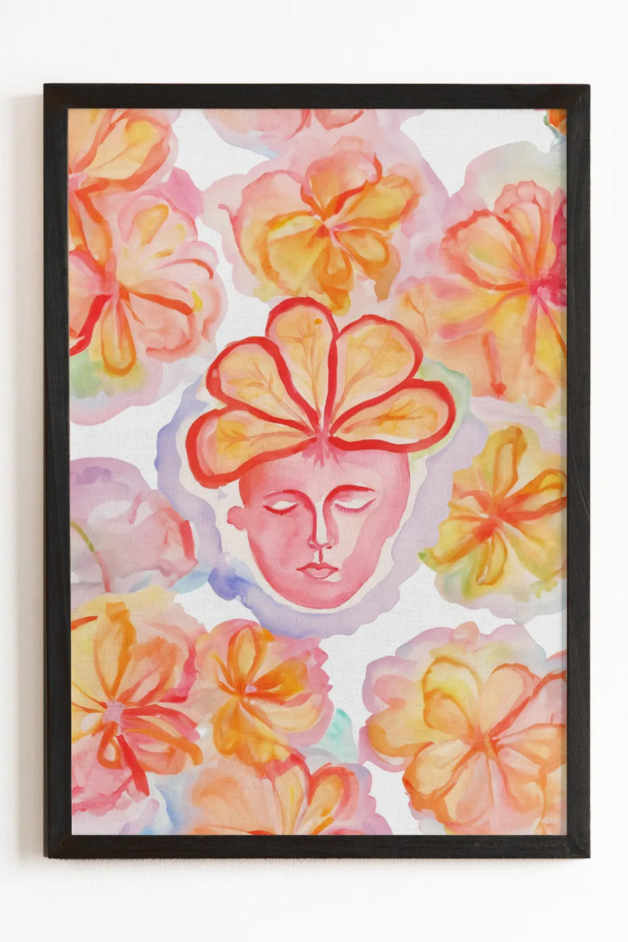Fruitful Contemplation watercolor art print featuring a floral face in soft pastel hues.