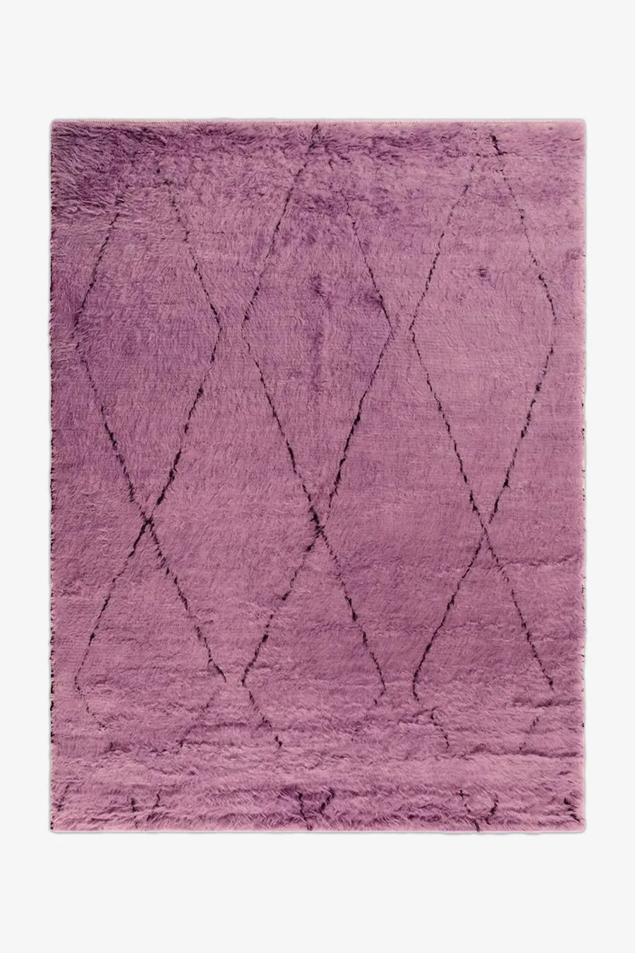 Soft purple hand-tufted shag rug with black diamond pattern, available in 5x8 and 8x10 sizes, perfect for colorful bedroom rugs or cozy living rooms