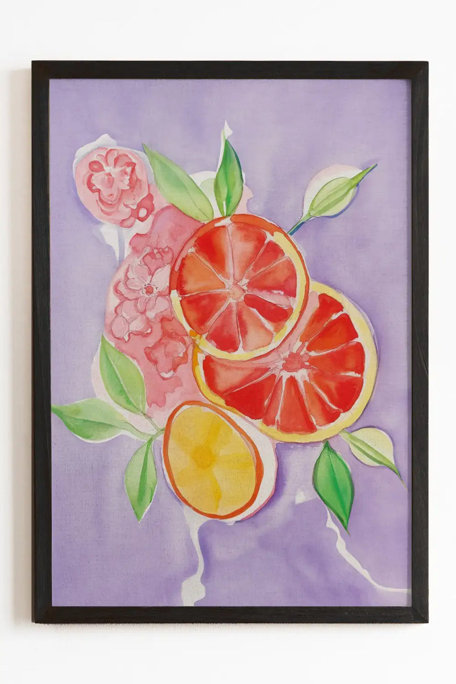 Watercolor print of vibrant blood oranges and florals on a soft purple background.