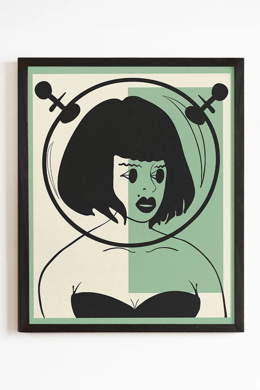Framed Galactic Muse Giclee Art Print featuring a bold black-and-green retro cosmic design.