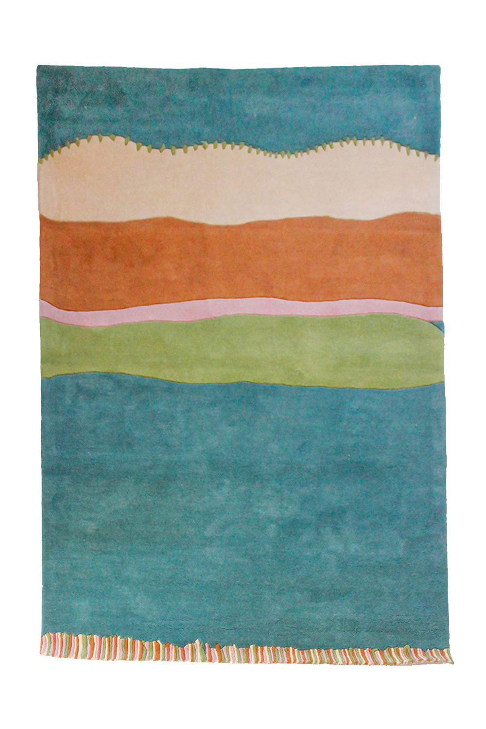 Full view of teal multicolor stripe rug with scalloped cream border and fringe