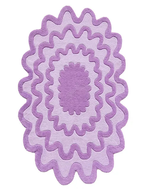 Lilac ripple edge wool rug, playful modern oval rug for colorful interiors