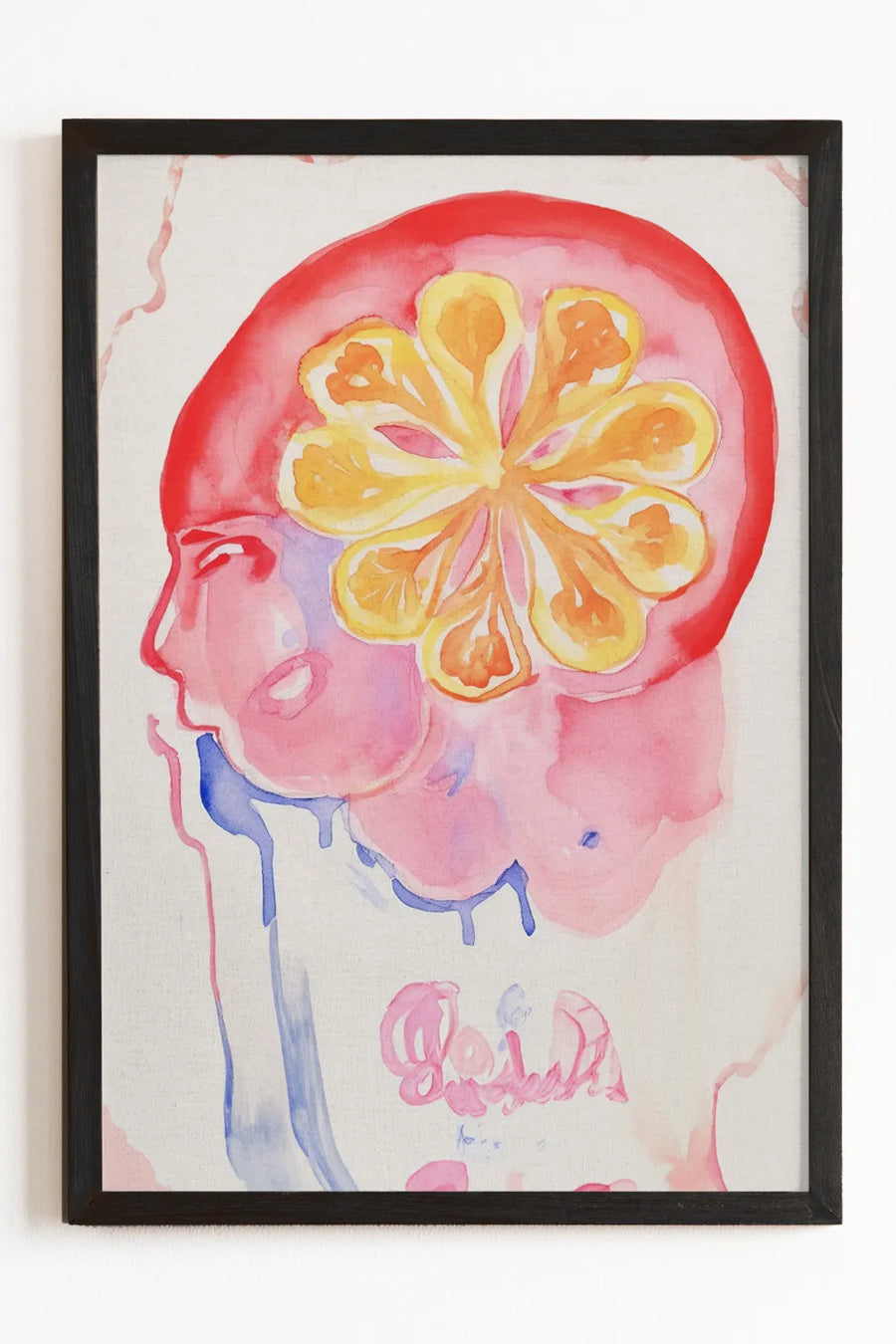 Fruitful Thoughts watercolor art print featuring a surreal human profile with citrus-inspired florals.