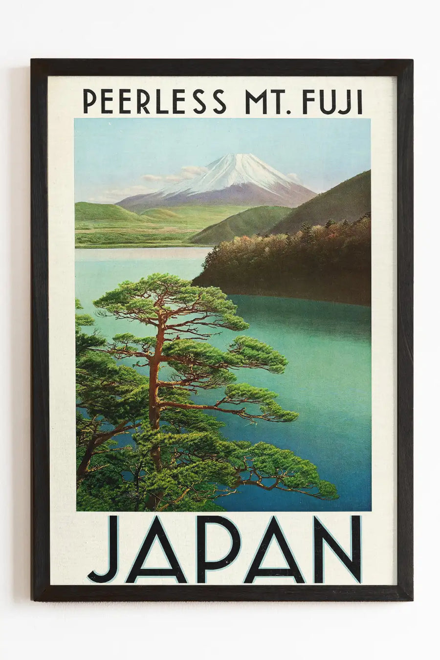 Peerless Mt. Fuji Vintage Travel Poster with scenic lake and pine tree