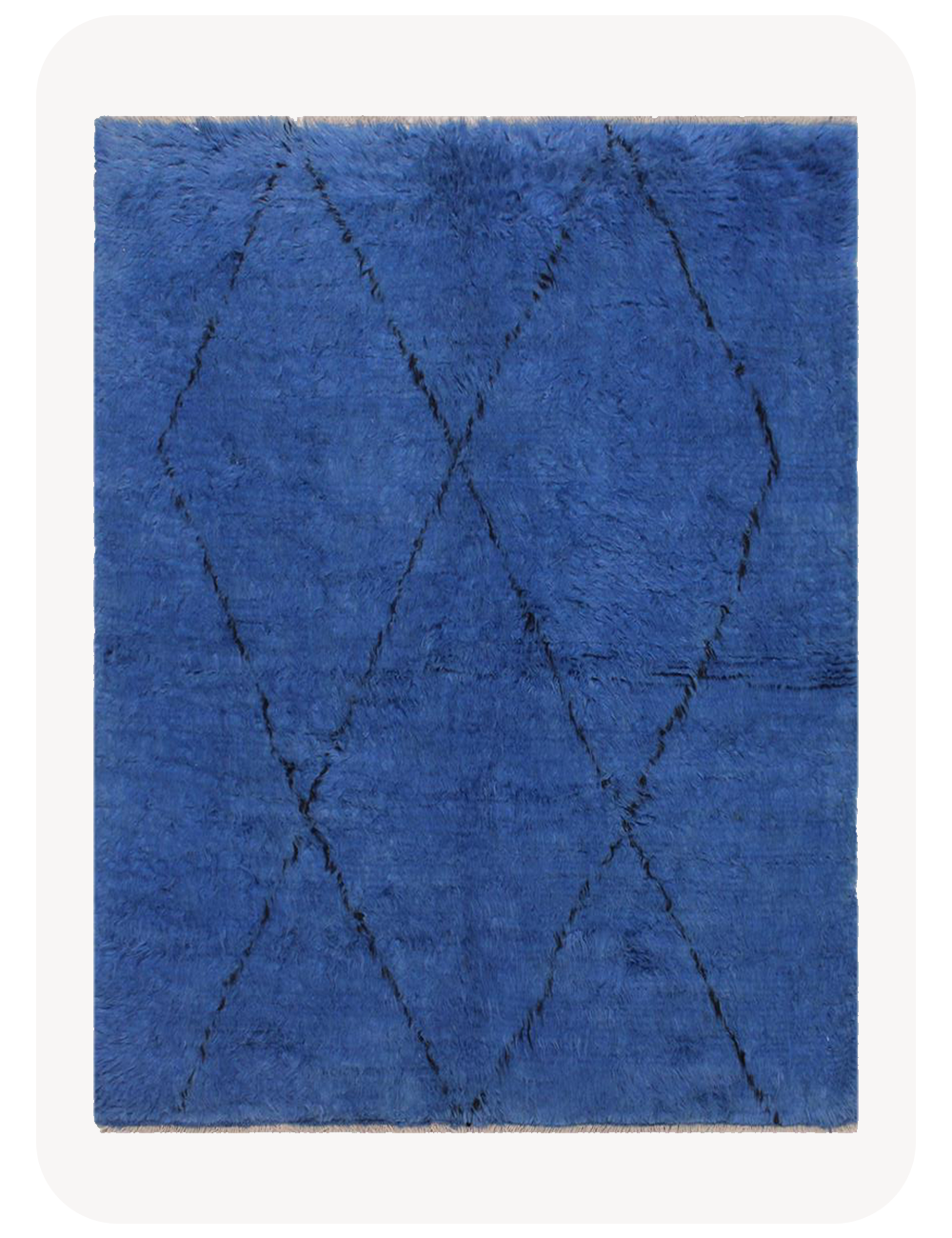 Blue geometric shag rug with diamond patterns, offering plush texture and luxurious comfort.