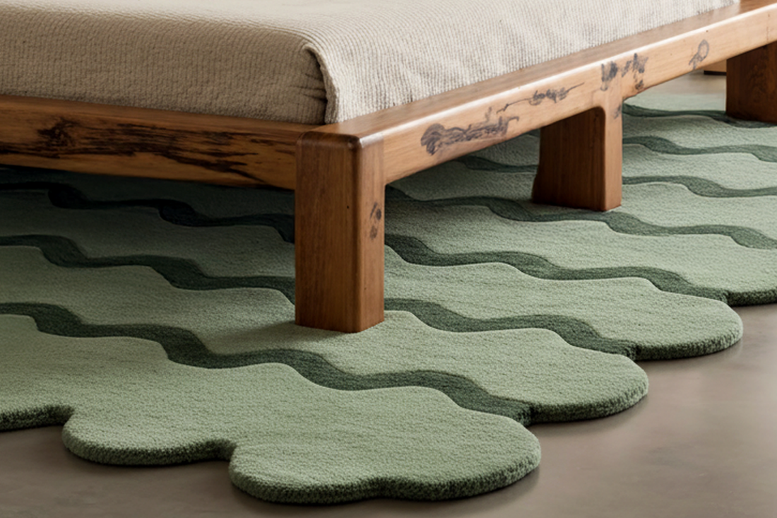 green scalloped rug with wavy stripes under a modern wooden bed