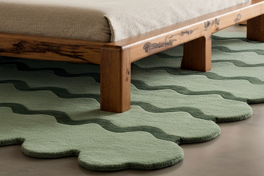 green scalloped rug with wavy stripes under a modern wooden bed