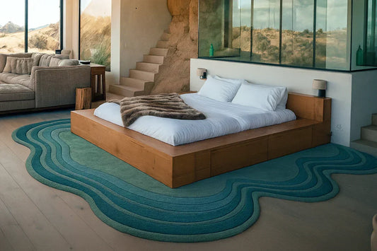 modern bedroom with a teal irregular shaped wavy wool rug