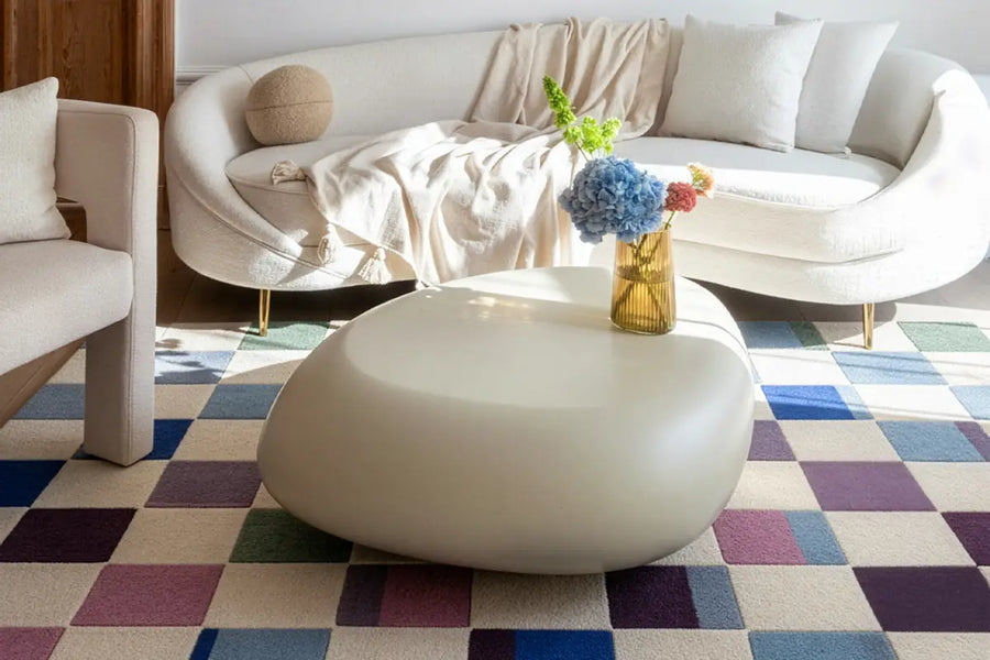 colorful checkered wool rug in a modern living room