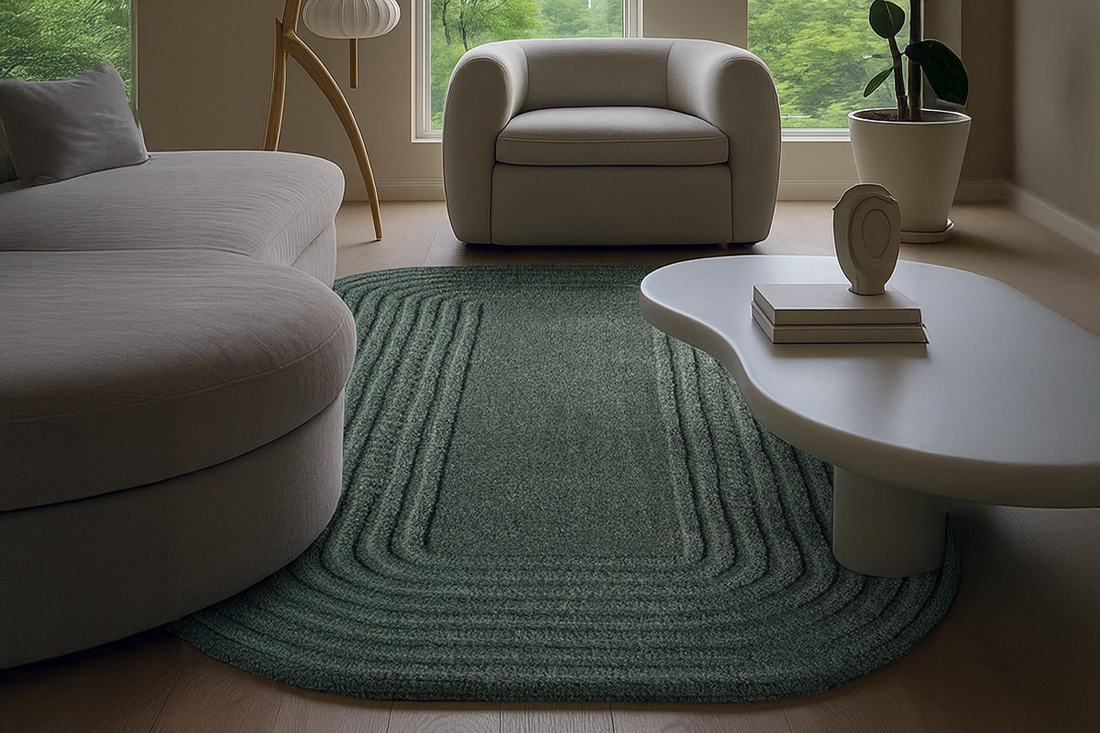 sage green modern minimalist rug in a neutral japandi living room