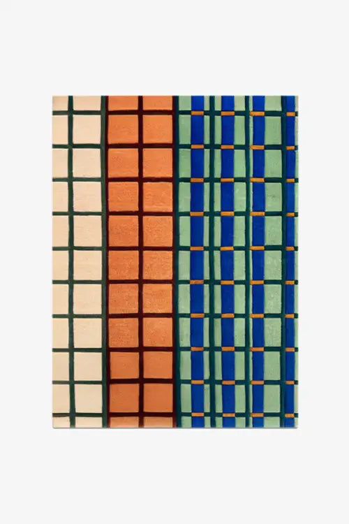 12x15 rug with geometric multicolor grid in mid century inspired pattern