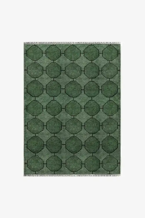 5x7 rug with green geometric mid century pattern
