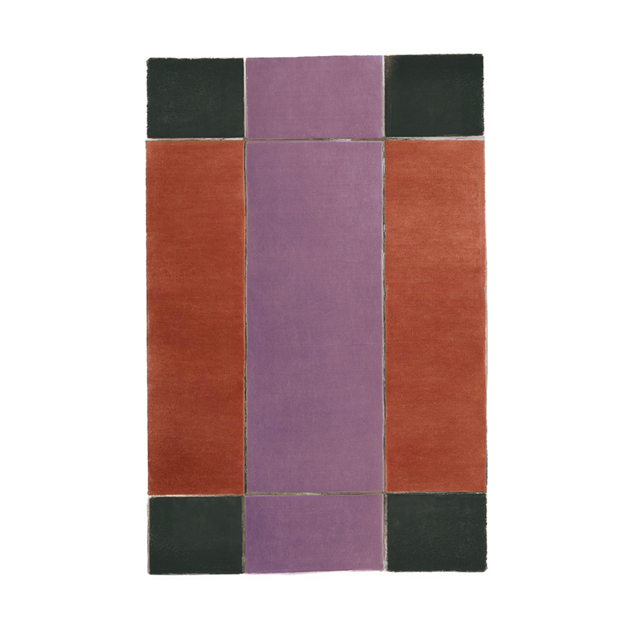 Modern color block wool rug in bold earth tones perfect for styling in mid century living room