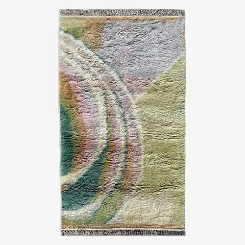 pastel fluffy wool rug in green pink and lilac for modern shabby chic interiors