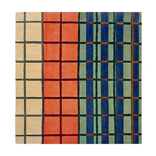 maximalist square wool rug with eclectic mid century grid pattern