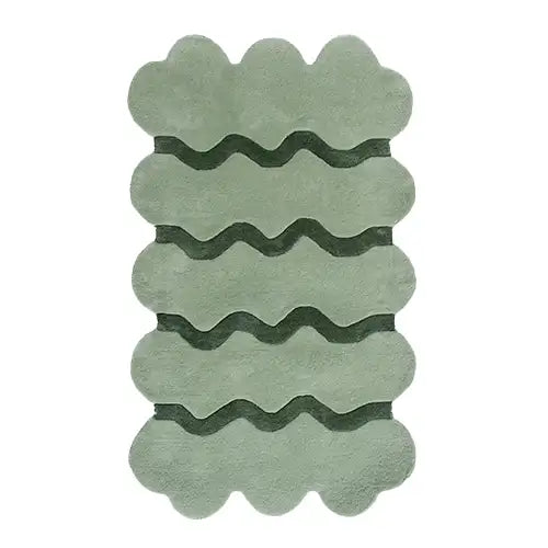 12x14 wool area rug with scalloped edges and wavy striped pattern in sage green