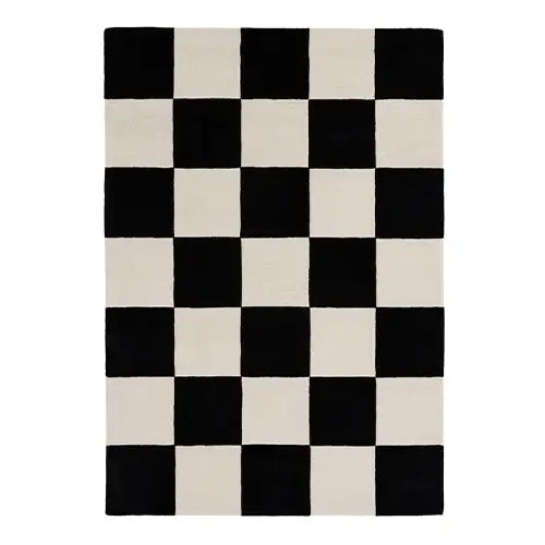 black and white checkered small accent wool rug handmade by jubi
