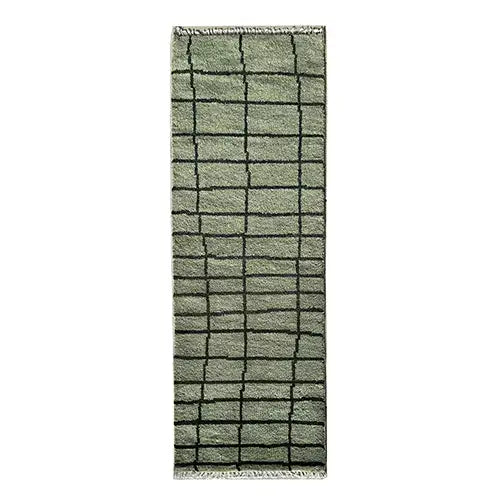 2x6 wool runner rug in modern green and black simple geometric pattern