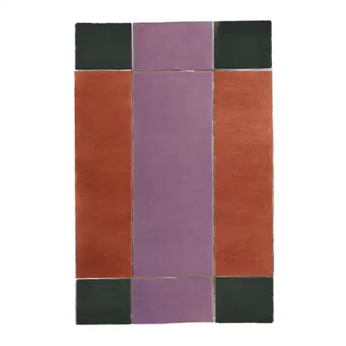 graphic mid century modern handmade wool area rug with bold purple terracotta and green block pattern