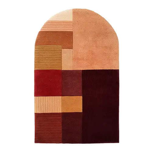 bespoke wool area rug in contemporary geometric arched design in gold brown earthy colors