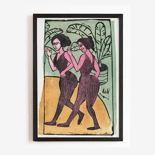 large vintage art print in green pink and gold