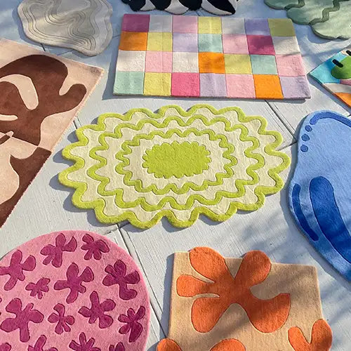 moder hand tufted wool rugs in unique irregular and colorful designs