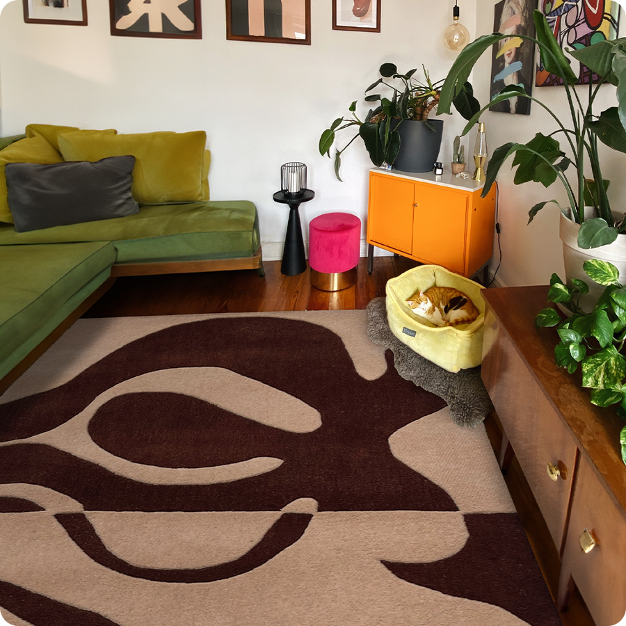 Jubi Brown Modern Abstract Rug in an Eclectic Boho Living Room