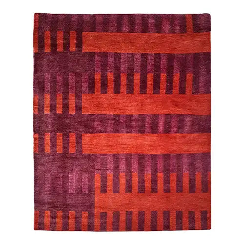 red hand knotted wool rug with geometric striped pattern
