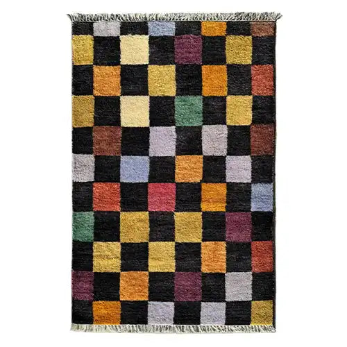 colorful checkered hand knotted boho wool area rug perfect for living rooms bedrooms and more