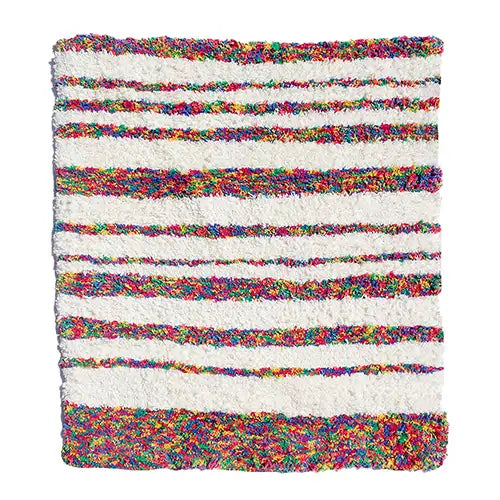 recycled cotton area rug in cream and rainbow striped pattern