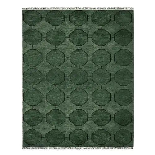 dark green geometric modern wool hand knotted area rug with octagon pattern