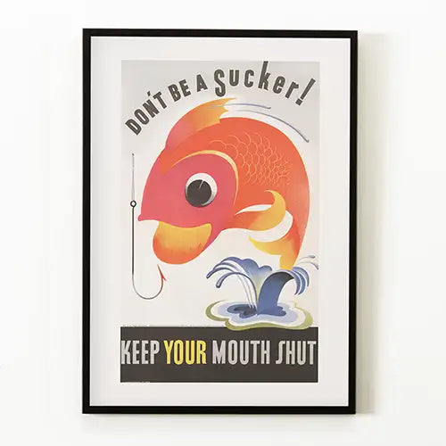vintage graphic art print with a large orange fish and funny slogan