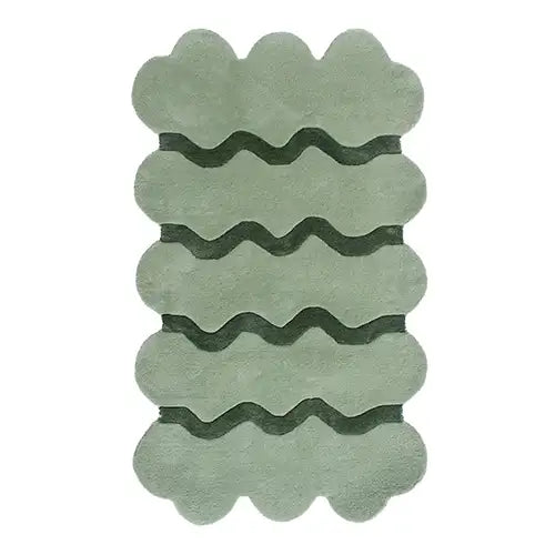 unique scalloped edge wool rug in sage green with dark green wavy stripes