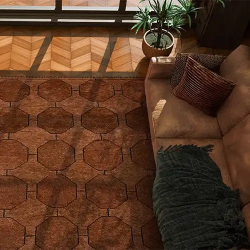 brown geometric high end area rug for a modern luxurious living room
