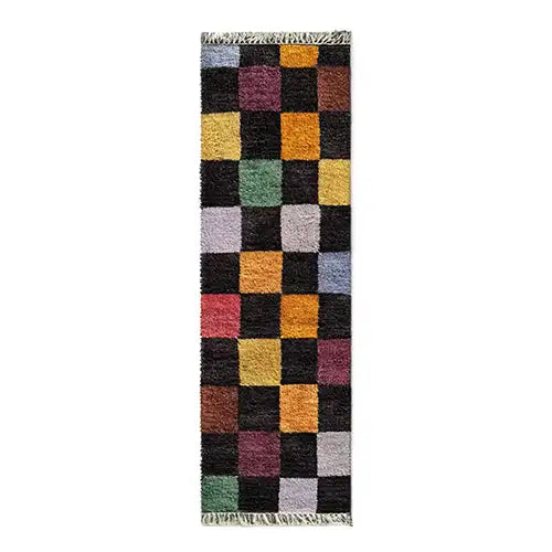 multicolor checkered runner rug made from hand knotted luxurious wool