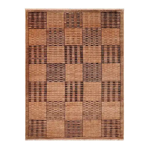 brown and tan plaid wool rug hand knotted from luxurious new zealand wool