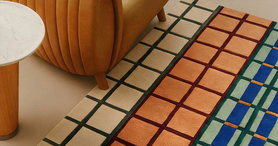 geometric rug with multicolor pattern in modern interior