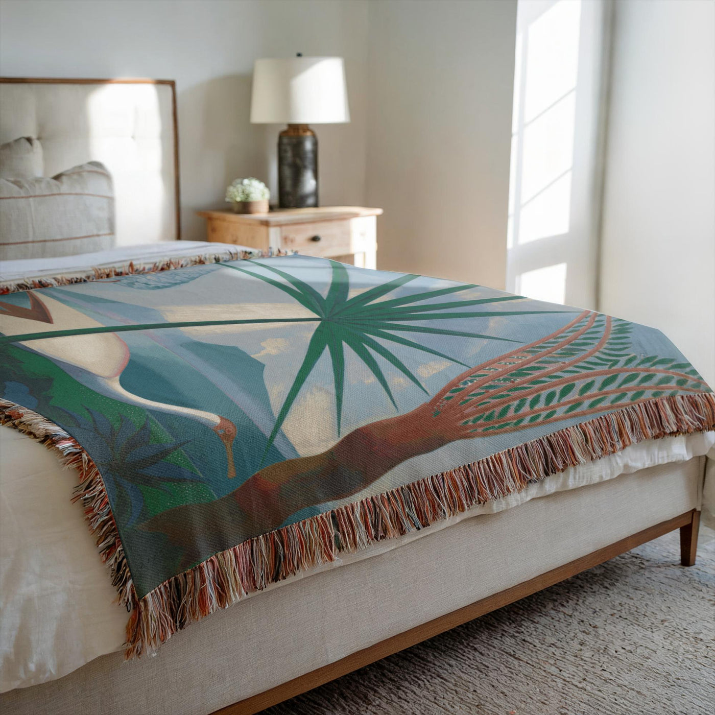 Artistic woven throw in calming blue and green hues with a painterly nature scene.
