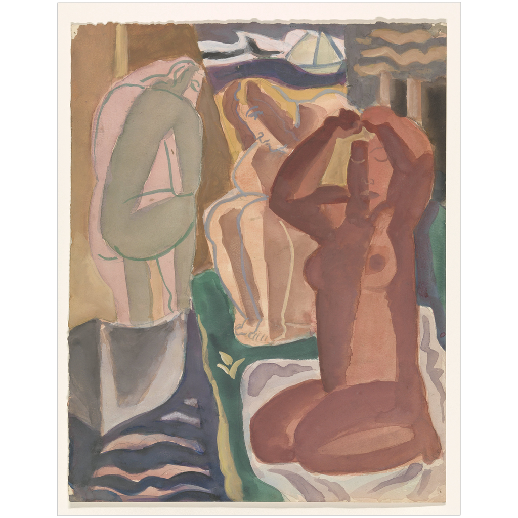 Vintage abstract painting print by Leo Gestel featuring Two Bathing Women with earthy tones and geometric forms.
